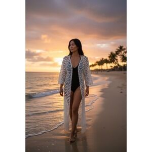 "Do Everything In Love" Cream Crochet Lace Maxi Duster Beach Coverup Boho OS